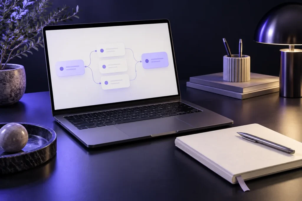 Concepto de flujo de automatización en un portátil con cuaderno de planificación