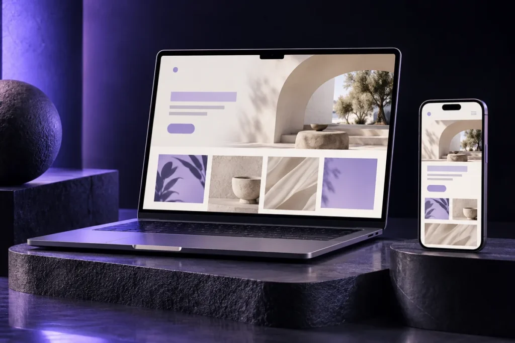 Concepto de diseño web adaptable en portátil y móvil, con tonos violeta y crema